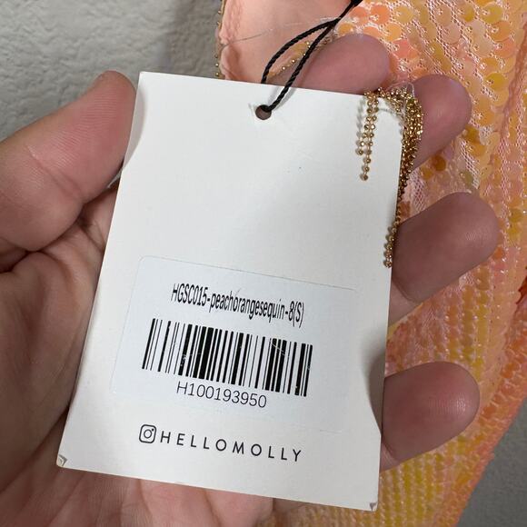 Hello Molly 4 Crystal Ball Sequin Mini Sheath Dress Peach Cut Out One Shoulder - Picture 10 of 11